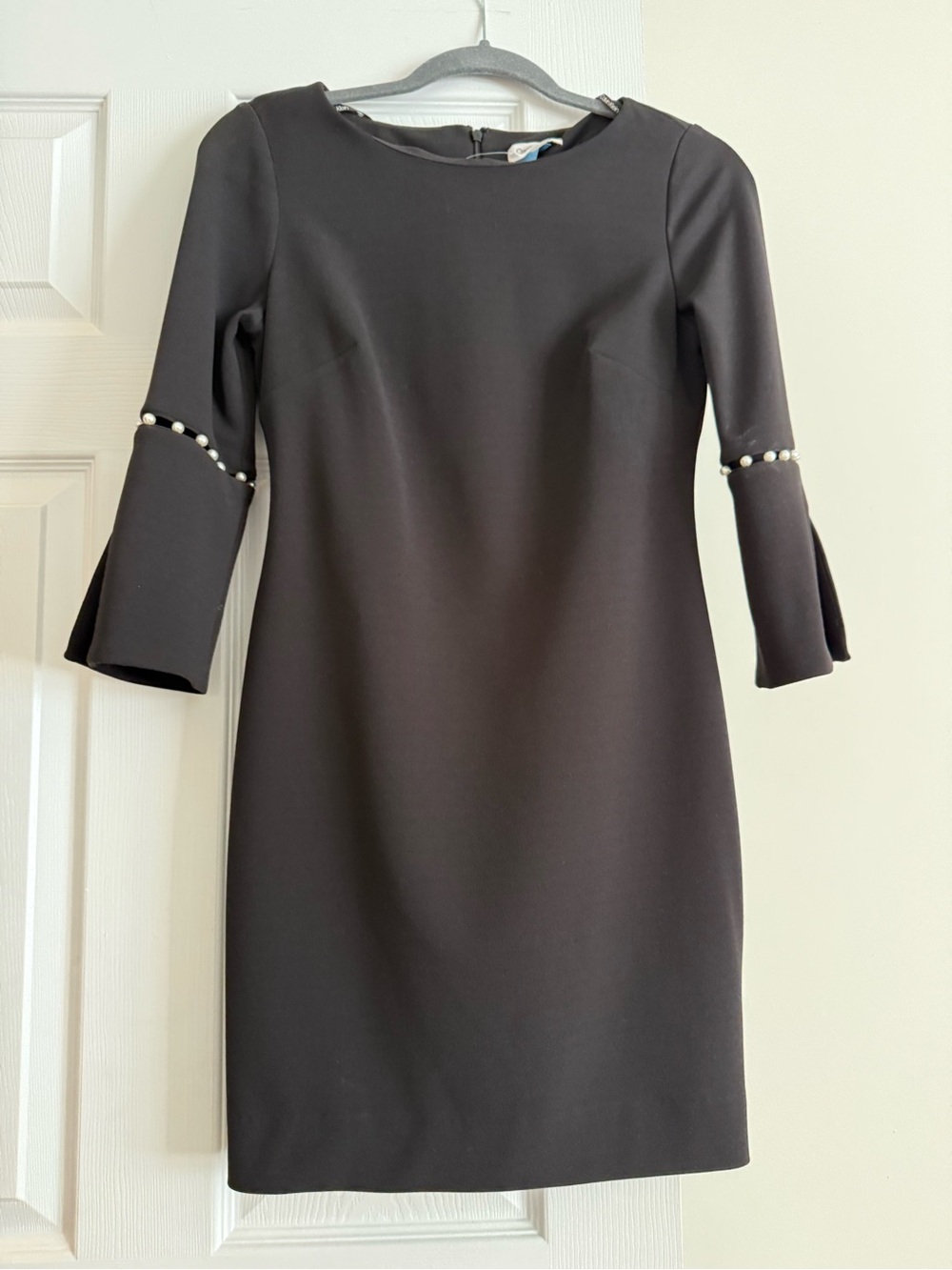 Calvin Klein Black Mini Dress with Pearl-Trim Sleeves